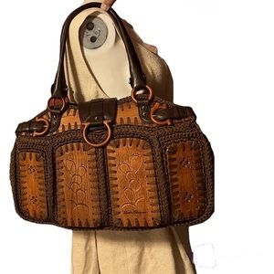 Salvatore Ferragamo Authentic Cotton Crochet Cactus Floral Wood Panels Tote Bag